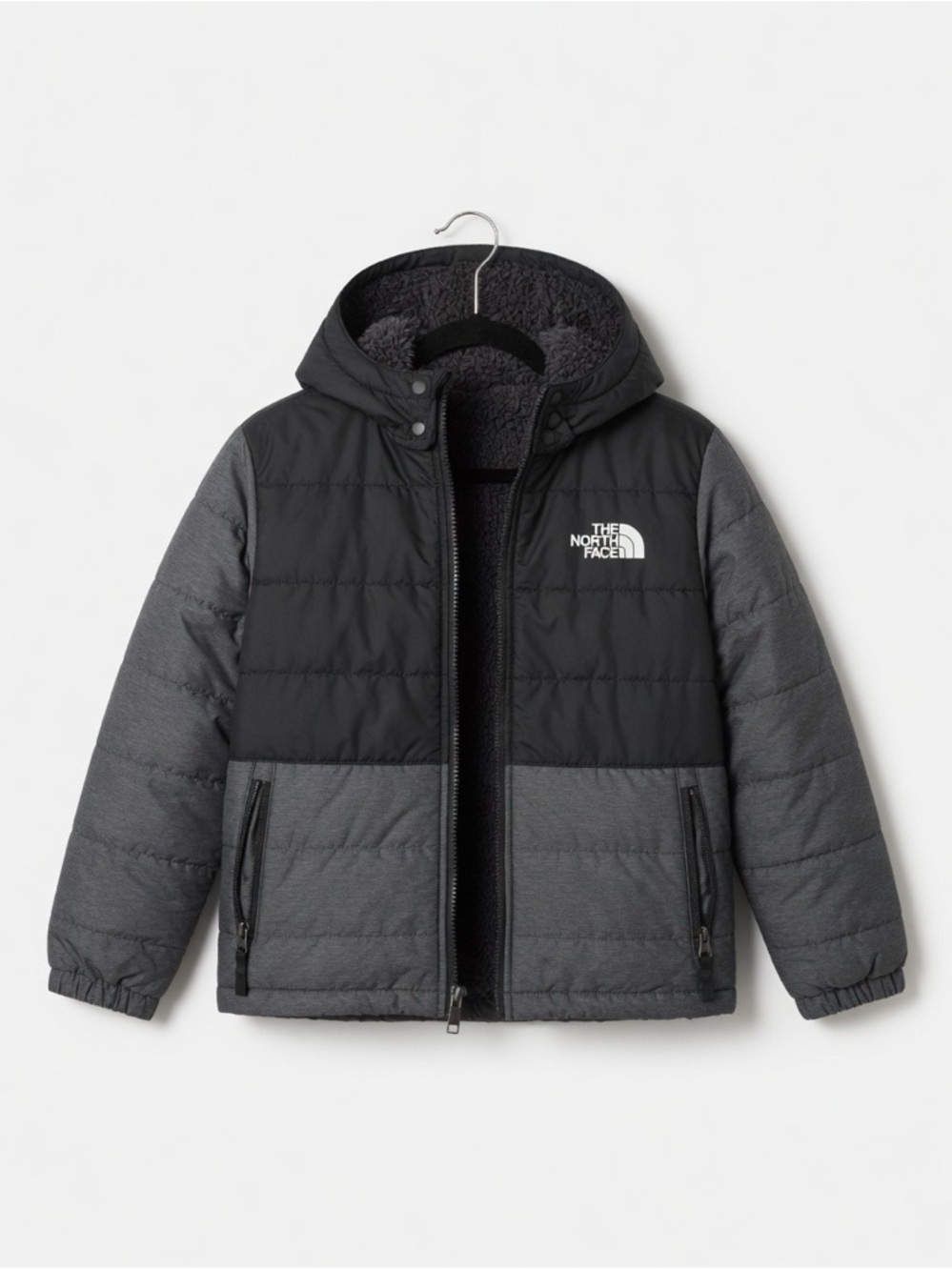 The North Face Kids' Hooded Two-Tone Puffer Jacket - Black & Gray